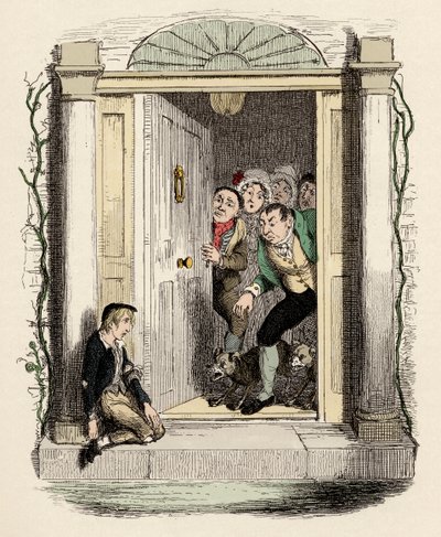 Oliver Twist à porta da Sra. Maylies - Ilustração para "Oliver Twist" (Olivier) (The Adventures of Oliver Twist) de Charles Dickens (1812-1870), de George Cruikshank (1792-1878) . de George Cruikshank