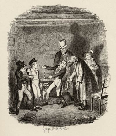 A recepção de Oliver por Fagin e os meninos, de "As Aventuras de Oliver Twist", de Charles Dickens (1812-1870), 1838, publicado por Chapman und Hall, 1901 de George Cruikshank