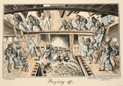 Pagando, do Greenwich Hospital, uma série de esboços navais, descritiva de uma vida de um homem de guerras, pub. 1826 (gravura colorida à mão) de George Cruikshank