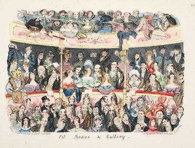 Pit Boxes e Galeria, pub. 1836 (gravura colorida à mão) de George Cruikshank