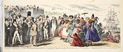 Probable Effects of Over Female Emigration or Importing the Fair Sex from Savage Islands in Consequence of Importing all our own to Australia!, pub. c.1844 (gravura colorida à mão) de George Cruikshank