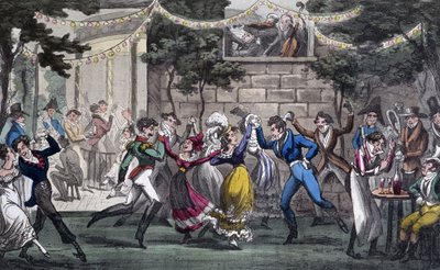 Quadrilha no Salon de Mars, Champs Elysée - em "Life in Paris" de David Carey, Londres de George Cruikshank