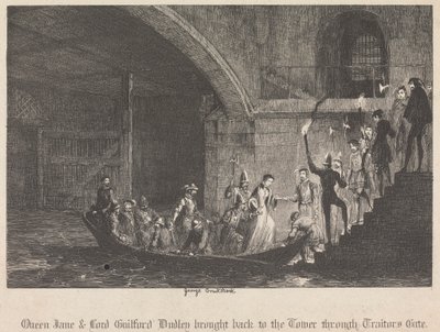 A Rainha Jane & Lord Guilford Dudley trouxe de volta à Torre pelo Portão dos Traidores de George Cruikshank