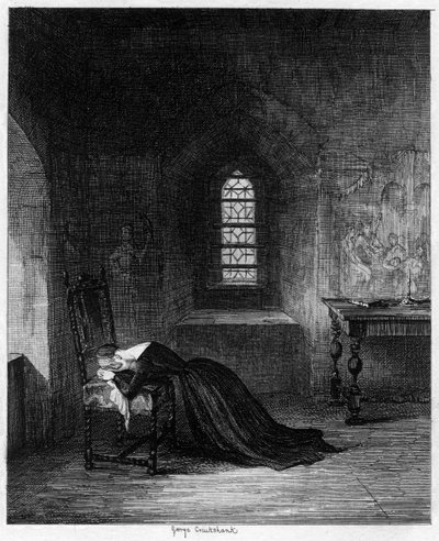 Rainha Jane presa na Brick Tower, Torre de Londres, 1553-1554 1840. de George Cruikshank