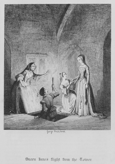 O voo da Rainha Jane da Torre (gravura) de George Cruikshank
