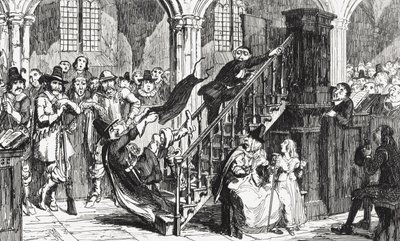Reverendo Holdenough durante um serviço, ilustração de &39;Woodstock&39; por Sir Walter Scott (1771-1832) publicado em 1845 de George Cruikshank