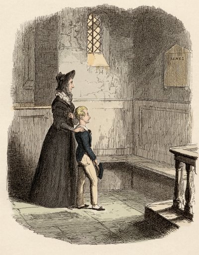 Rose Maylie e Oliver em frente à placa comemorativa de Agnes, sua irmã e mãe - Rose Maylie e Oliver - Ilustração para "Oliver Twist" (Olivier) (As Aventuras de Oliver Twist) por Charles Dickens (1812-1870), por George Cruikshank (179 de George Cruikshank