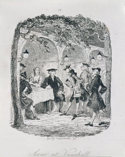 Cena em Vauxhall, de "Amelia", gravada pelo artista, ilustração de "The Works of Henry Fielding", pub. por Henry G. Bohn, 1853 de George Cruikshank