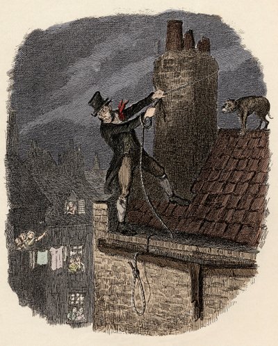 Sikes, seguido pelo seu cão, tenta escapar - A última oportunidade - Ilustração para "Oliver Twist" (Olivier) (The Adventures of Oliver Twist) de Charles Dickens (1812-1870), de George Cruikshank (1792-1878) . de George Cruikshank