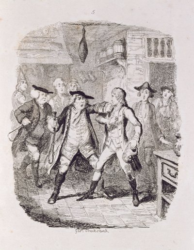 Squire Western apreendendo Jones em Upton, de "Tom Jones, a história de um Foundling", gravado pelo artista, ilustração de "The Works of Henry Fielding", pub. por Henry G. Bohn, 1853 de George Cruikshank
