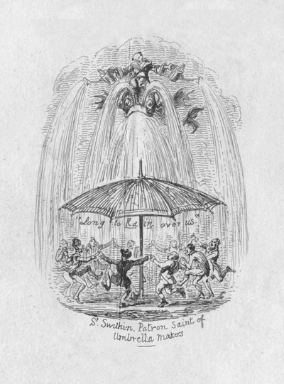Santo padroeiro de St. Swithin dos fabricantes de guarda-chuva, 1829 de George Cruikshank