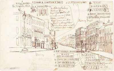 Perspectiva de rua com locais de negócios rotulados de George Cruikshank