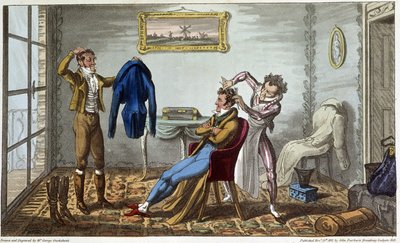 Tailleur et coiffeur à domicile - em "Life in Paris" de David Carey, doente. de George Cruikshank, ed. Fairburn, Londres de George Cruikshank