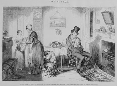 A garrafa, placa II, ele é dispensado de seu emprego por embriaguez: eles penhoram suas roupas para fornecer a garrafa, 1847 de George Cruikshank