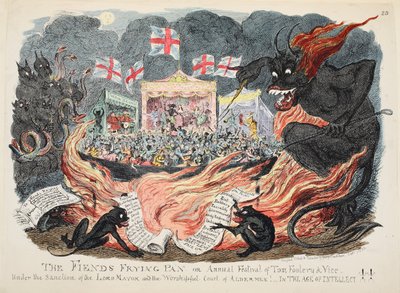 A frigideira Fiends ou Festival Anual de Tom Foolery & Vice, pub. 1832 (gravura colorida à mão) de George Cruikshank
