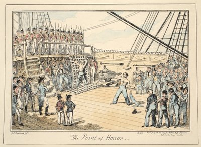 The Point of Honor, do Greenwich Hospital, uma Série de Esboços Navais, Descritivo de uma Vida de Homem de Guerra, pub. 1825 (gravura colorida à mão) de George Cruikshank