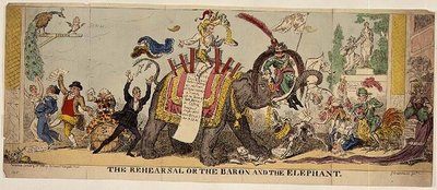 O Ensaio ou o Barão e o Elefante, estampa satírica das elaboradas produções de Kemble no Covent Garden Theatre, envolvendo animais de George Cruikshank