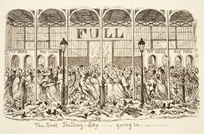 O primeiro Shilling-day - A entrar, pub. 1851 (gravura) de George Cruikshank