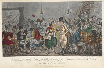 Tom e Jerry "Masquerading it" entre os cadgers nas "favelas negras", na Terra Santa, "Life in London, etc.", de Pierce Egan de George Cruikshank