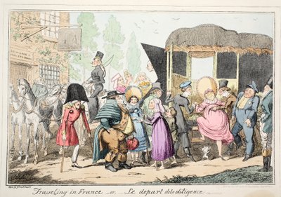 Viajar na França ou no Le Depart de la Diligence, pub. 1835 (gravura colorida à mão) de George Cruikshank