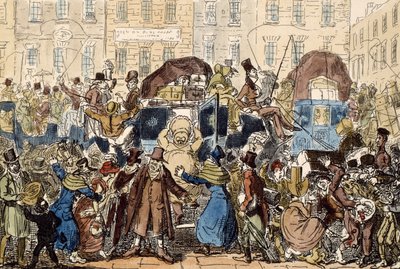 Viajando na Inglaterra, ou um Peep da White Horse Adega, 1819 (gravura à mão colorida) de George Cruikshank