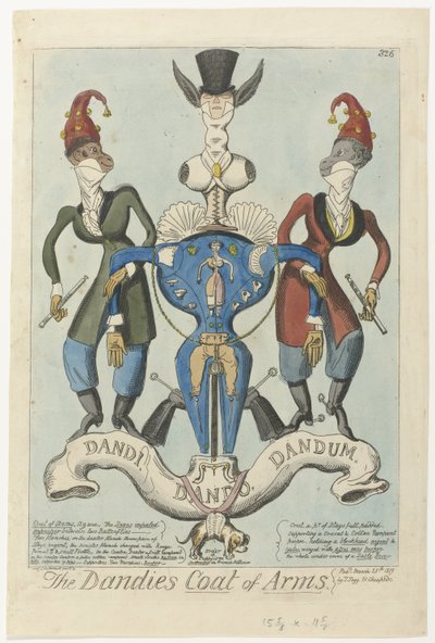 Dois macacos vestidos seguram uma arma em forma de manequim O Brasão de Armas dos Dandies (título no objeto) de George Cruikshank