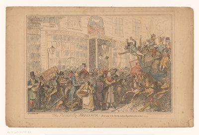 Verkeerschaos enteriten het hotel Old White Horse Cellar in Piccadilly
O Perturbador Piccadilly! Dedicado aos dignos magistrados em exercício do distrito (título sobre o objecto) de George Cruikshank