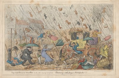 Tempo muito desagradável, ou, o Velho Ditado Verificado "Gatos, Cães, & Forquilhas de Chuva"!!! de George Cruikshank