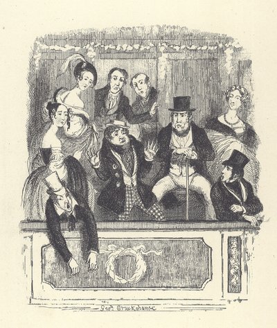 Público do teatro vitoriano se aglomera em uma caixa em um teatro londrino (gravação) de George Cruikshank
