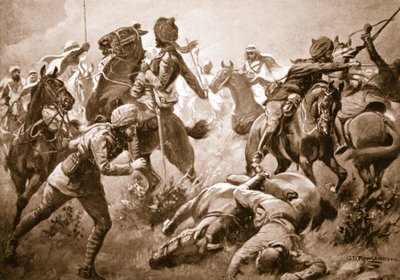 Risaldar Santa Singh, Dafadar Bisham Singh e Sowar Buda Singh rompendo as fileiras dos árabes para ajudar o capitão Willoughby de George Derville Rowlandson