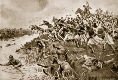 A batalha de Ellandun, 825 dC, ilustração da "História da nação britânica" de Hutchinson, c.1920 de George Derville Rowlandson