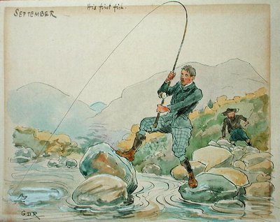 O Mês de Setembro: Angling (caneta e tinta e aguarela sobre papel) de George Derville Rowlandson