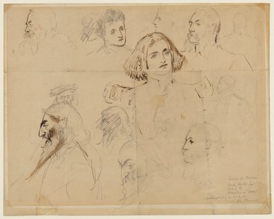 Esboço aproximado para alguns dos personagens de Trilby, incluindo Trilby e Svengali (lápis, caneta e tinta no papel) de George du Maurier