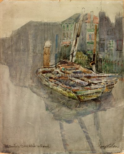 Eel Boats in a Canal at Dordrecht, Holanda (carvão e aquarela sobre papel colado em cartão) de George Edward Horton
