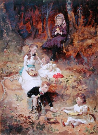 Cinco crianças brincando na floresta (óleo sobre cartão) de George Elgar Hicks