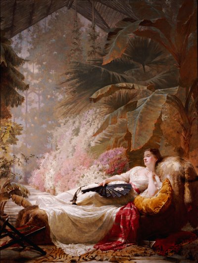 Retrato de Adelaide Maria Guinness, reclinada em um sofá em um Conservatório, 1885 de George Elgar Hicks