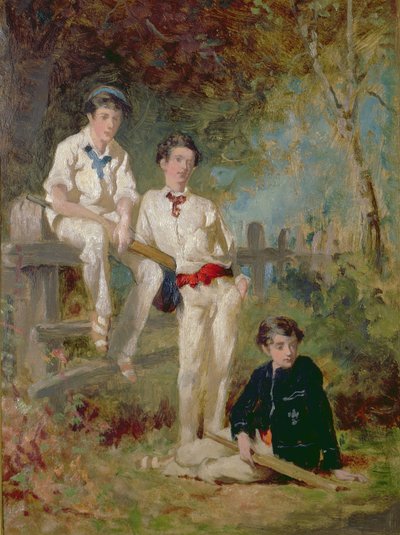 Três jovens jogadores de críquete, c.1883 (óleo no cartão) de George Elgar Hicks