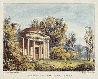 Templo de Bellona, Kew Gardens, prato 24 de Kew Gardens: Uma série de vinte e quatro desenhos sobre pedra, gravada por Charles Hullmandel (1789-1850), publicada em 1820 (litografia colorida à mão) de George Ernest after Papendiek