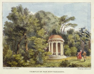 Templo de Pan, Kew Gardens, prato 12 de Kew Gardens: Uma série de vinte e quatro desenhos sobre pedra, gravada por Charles Hullmandel (1789-1850), publicada em 1820 (litografia colorida à mão) de George Ernest after Papendiek