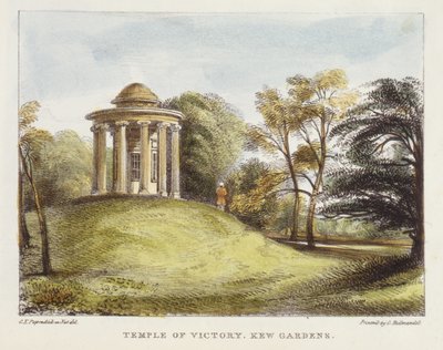 Templo do Sol, Arboreto, Kew Gardens, prato 20 de Kew Gardens: Uma Série de Vinte e Quatro Desenhos em Pedra, gravada por Charles Hullmandel (1789-1850), publicada em 1820 (litografia colorida à mão) de George Ernest after Papendiek