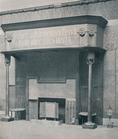 Lareira projetada por C. Harrison Townsend com escultura projetada e executada por George Frampton, Artistas: George Frampton, Charles Harrison Townsend. de Charles Harrison Townsend