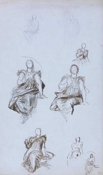Estudos de uma figura sentada com um livro (caneta e tinta marrom e grafite sobre papel azul) de George Frederick Watts