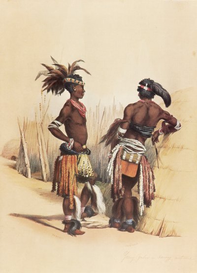 Dois jovens zulus, adornados com trajes tradicionais vibrantes de George French Angas