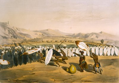 Umpanda Revendo suas tropas em Nonduengi, placa 12 de &39;The Kafirs Illustrated&39;, 1849 de George French Angas