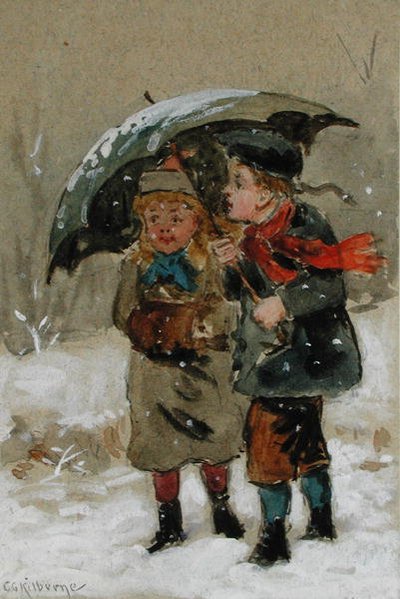 Crianças brincando na neve (wc aumentado com branco sobre papel) (ver 224241 para par) de George Goodwin Kilburne