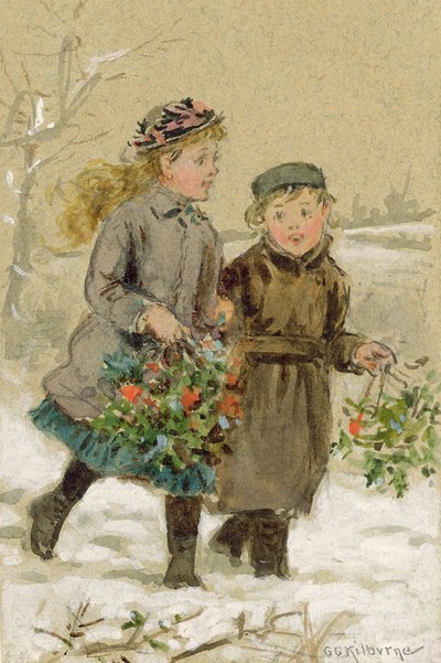 Crianças brincando na neve - Coletando Holly (wc aumentado com branco sobre papel) (ver 224240 para par) de George Goodwin Kilburne