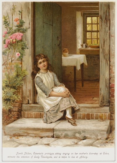Sarah Shilton, protótipo de Caterinas, sentada cantando na porta de sua mãe em Coton, atrai a atenção de Lady Newdegate e é levada para morar em Arbury de George Goodwin Kilburne