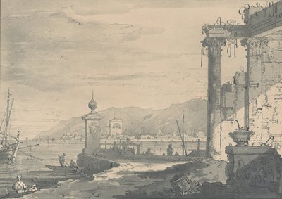 Uma cena costeira com uma ruína clássica à direita, 1811. de George Hawkins