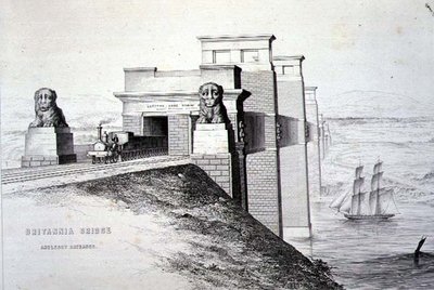 Ponte Britannia, Anglesey Entrance, gravada pela artista, pub. 1849 (litho) (para cores ver 122445) de George Hawkins
