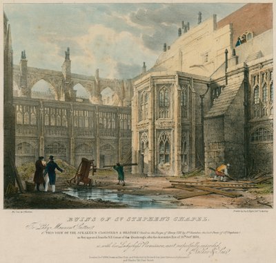 Ruínas da Capela de Santo Estêvão após o incêndio destrutivo de 16 de outubro de 1834 de George Hawkins